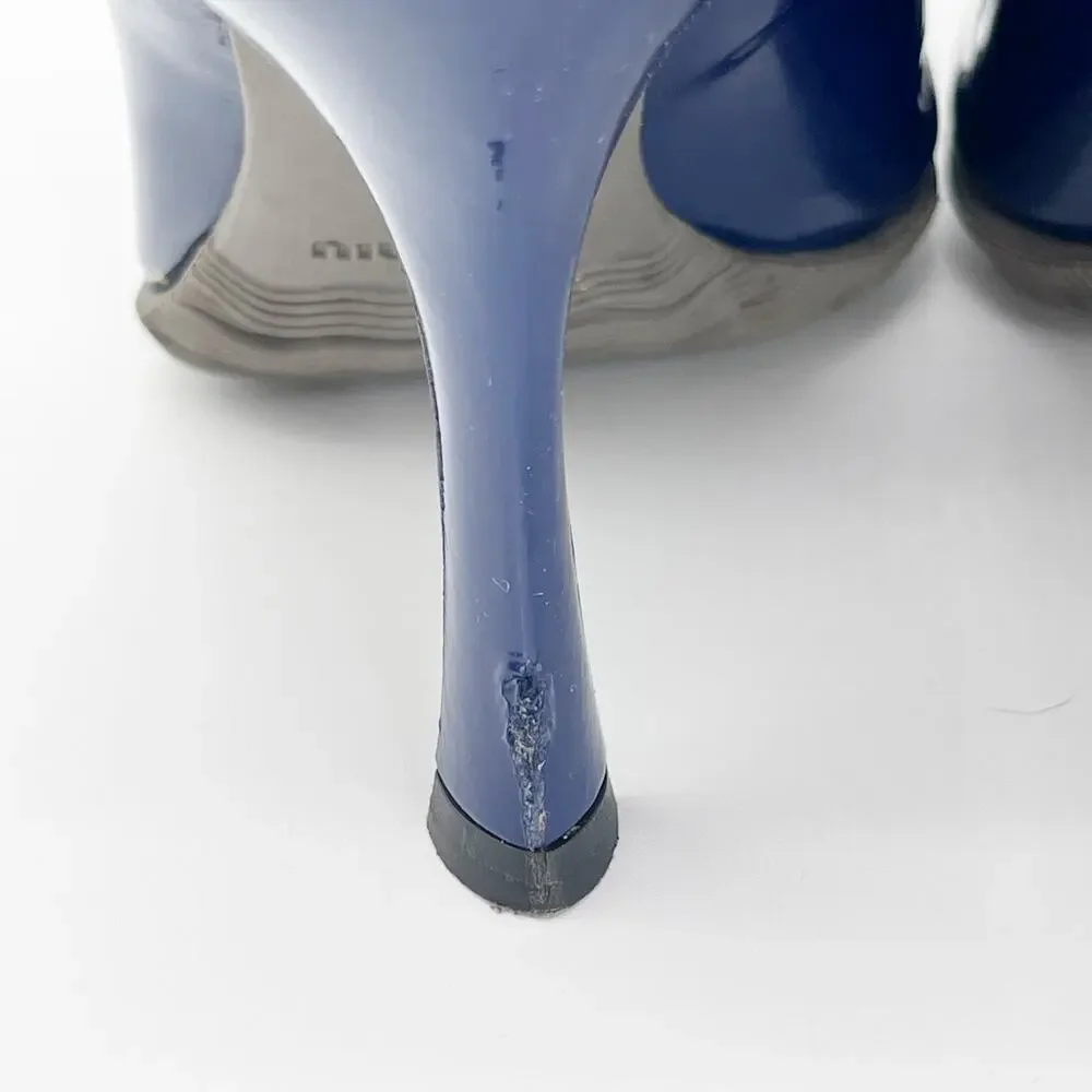 Miu Miu F/W 2014 Blue Patent Wellington Rubber Cap Toe Heeled Rain Boots IT 36.5